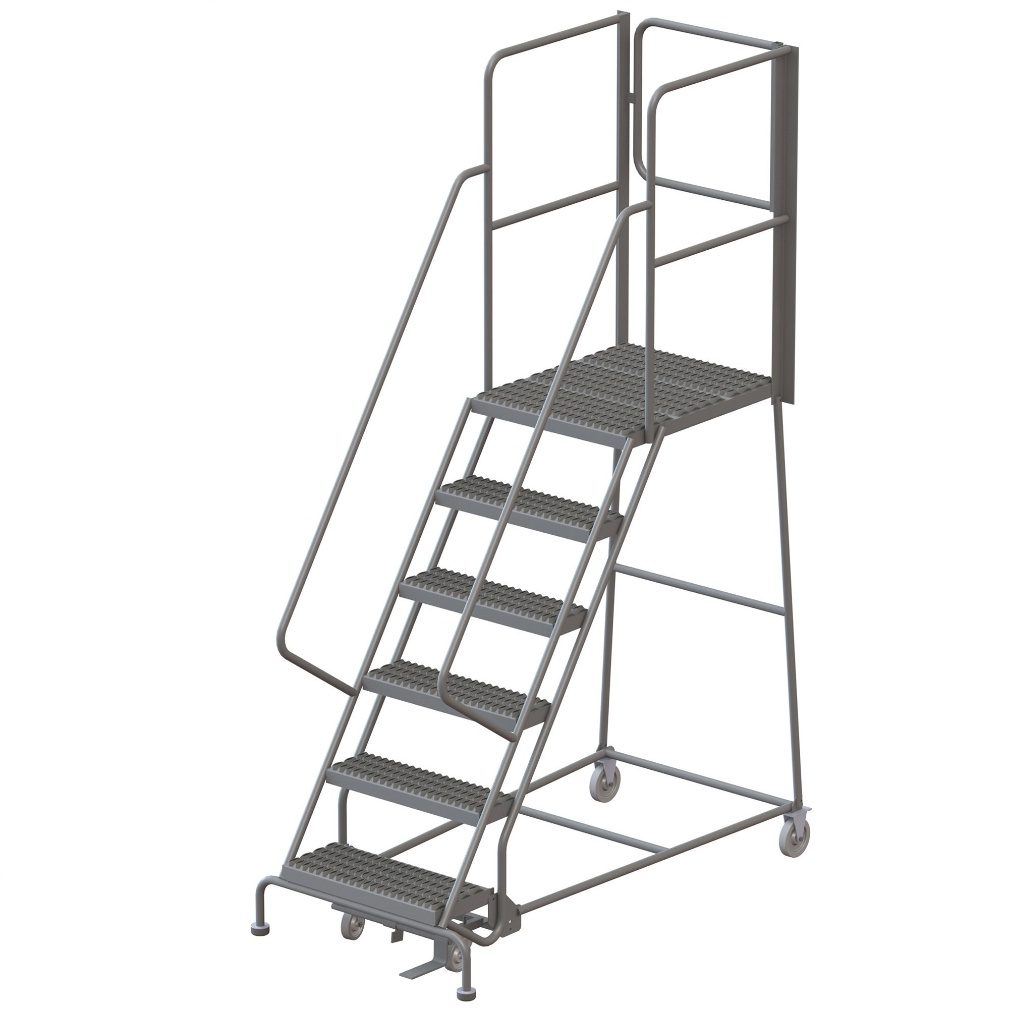 Tri-Arc 6-Step Steel Rolling Ladder with Serrated Steps and Rear Exit Gate — Gray, 24in.W x 30in.D Platform, 450-Lb. Capacity, Model# KDSR106242-XR